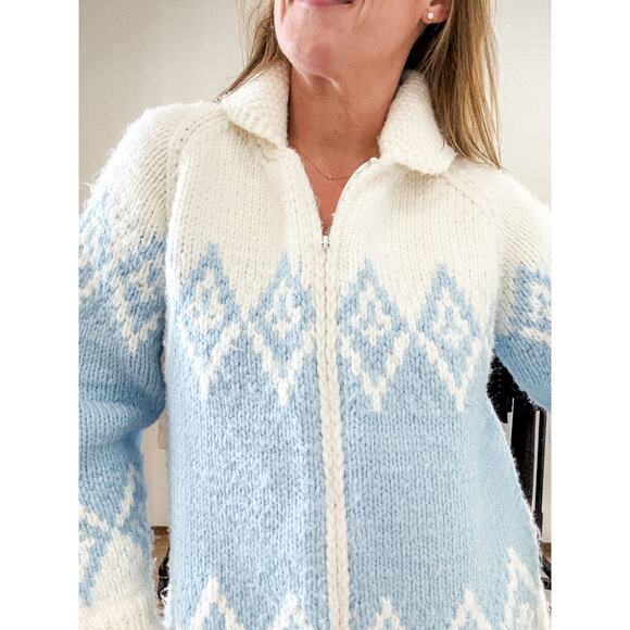 VTG 70s Cowichan Knitted Sweater Cardigan Snow White BlueWestern Cowboy Large - Picture 1 of 10
